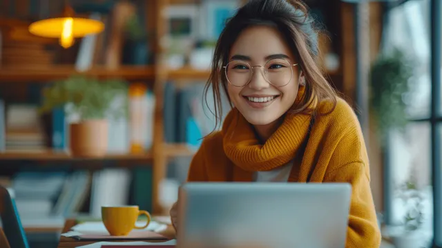 Smiling Asian Woman Using Laptop at Home with Notepad