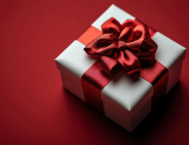 An open gift box with a red ribbon bow and white lid rests on a red background.