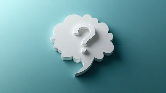 Centered 3D question mark inside a speech-bubble thought shape on a soft blue gradient background.