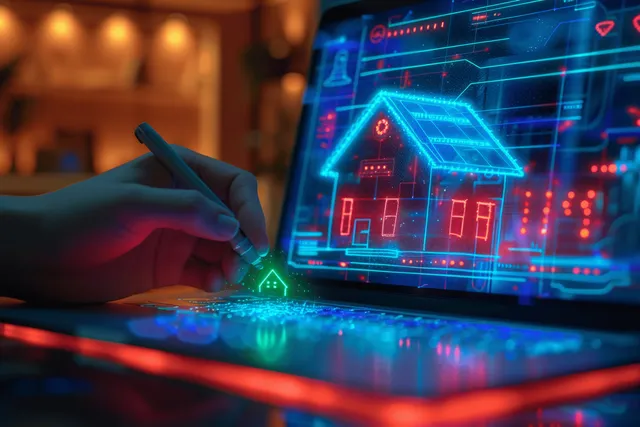 Gloved hand points to a blue holographic home energy rating screen with labeled efficiency icons.