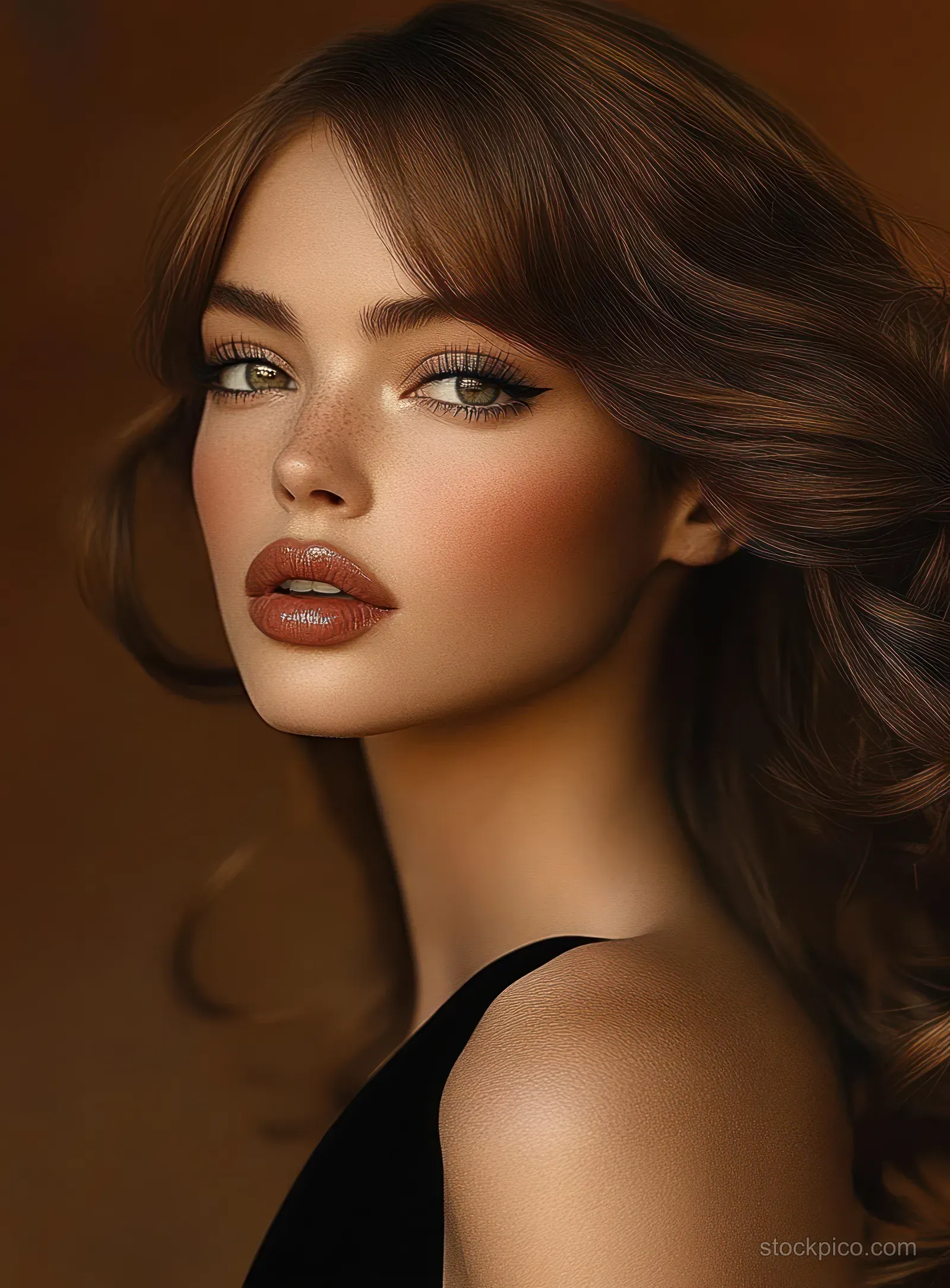 Elegant African woman with long wavy hair and glamorous makeup poses in a high-fashion studio with soft, dramatic lighting.