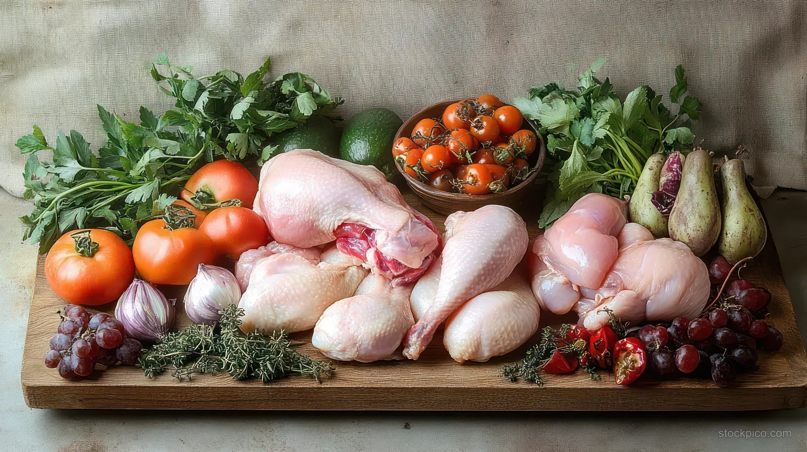 Raw chicken pieces on a wooden board beside tomatoes, herbs, garlic, grapes, and leafy greens.