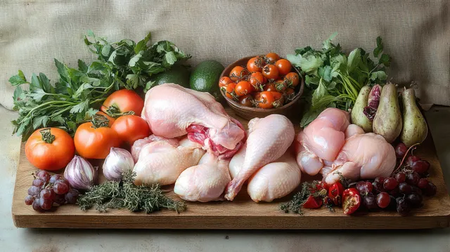 Raw chicken pieces on a wooden board with tomatoes, herbs, grapes, and garlic