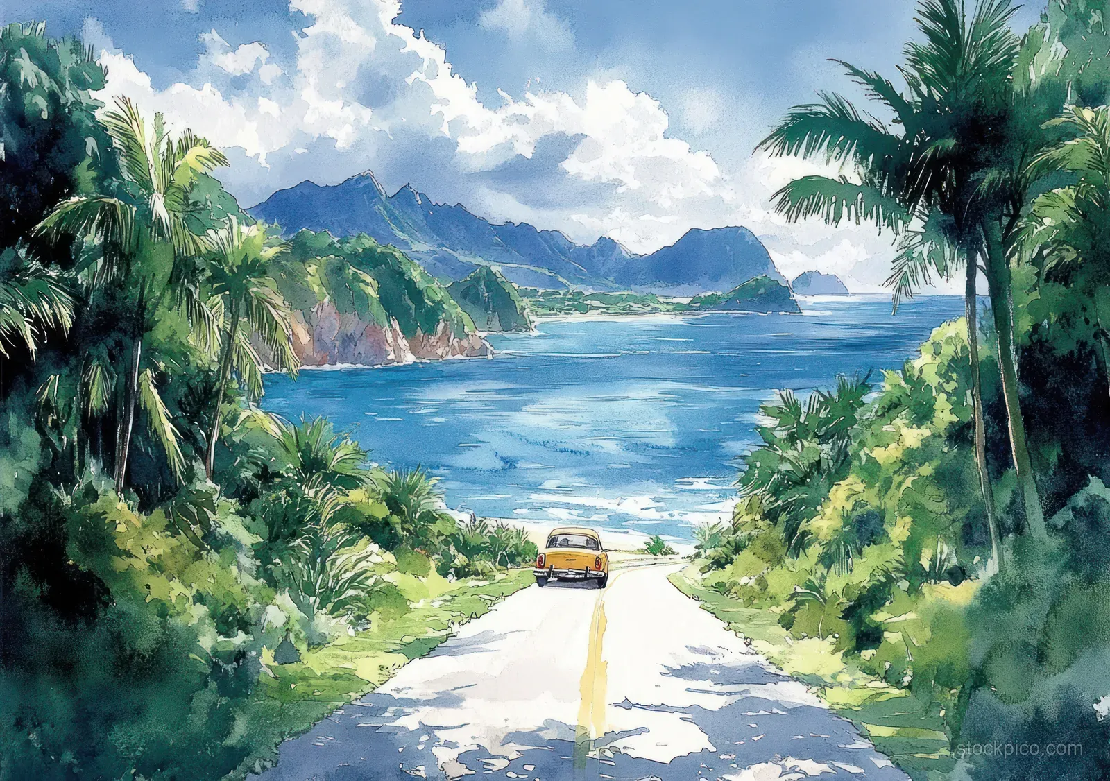 A yellow classic car travels on a winding coastal road with palm trees, blue sea, and lush islands in the distance.