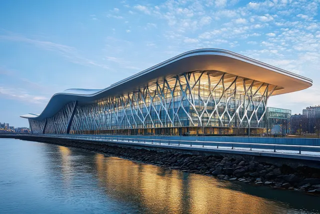 A curved modern waterfront building with a lit lattice facade reflects on calm water at dusk under a blue sky.