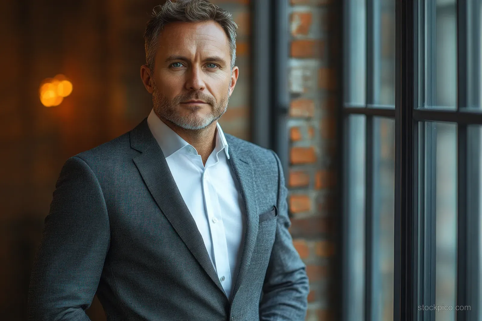 A suited businessman stands by a window in a modern office, lit by warm natural light.