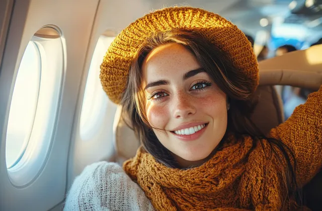 Smiling traveler taking vibrant selfie on an airplane window seat in summer light