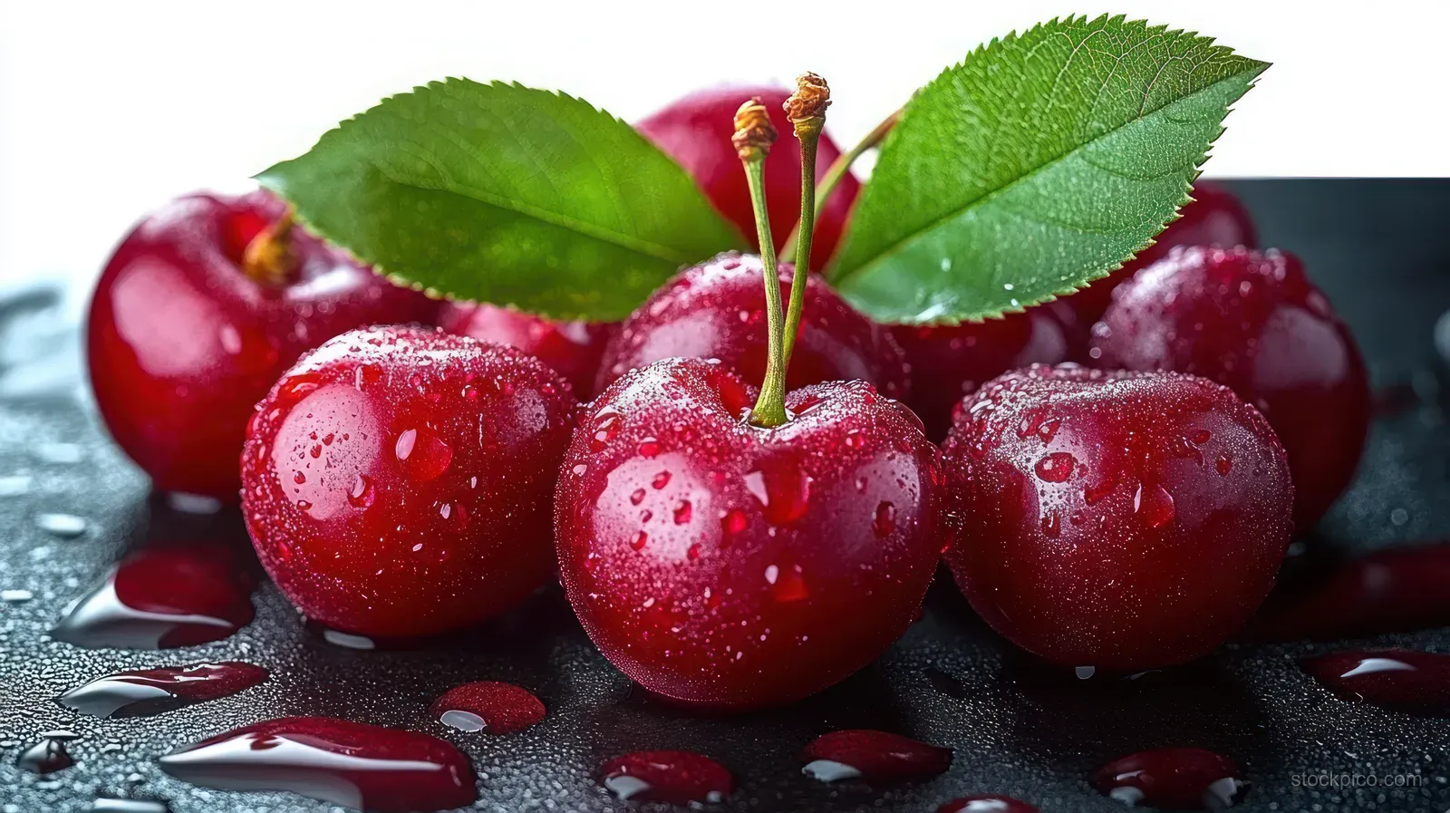 Red cherries with green leaves sit on a dark wet surface, covered in sparkling water droplets.
