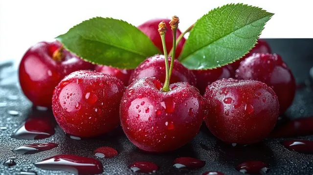 Red cherries with green leaves sit on a dark wet surface, covered in sparkling water droplets.