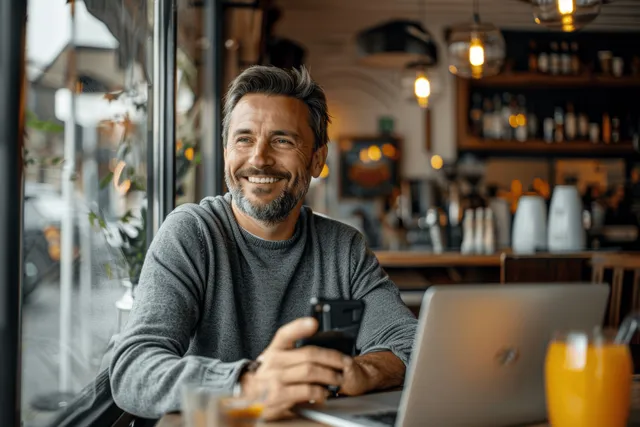 A smiling entrepreneur types on a laptop in a café while a mobile phone and orange juice sit on the table.