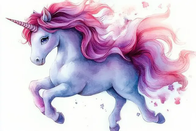 A unicorn gallops calmly with flowing pink and purple mane and tail against a soft cloudlike backdrop.