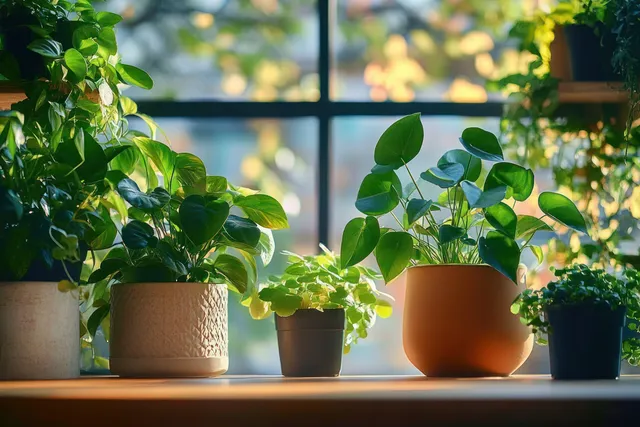 Green houseplants in terracotta pots line a wooden windowsill as sunlight streams through the window.