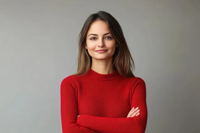 Confident Indian woman in red sweater smiling with arms crossed against light gray background