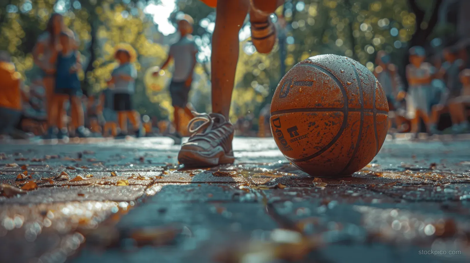 A boy dribbles a basketball on a sunny school playground court while other children watch in the background.