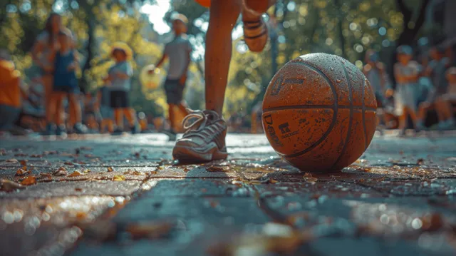 Boy dribbling basketball on outdoor school playground court with kids cheering behind
