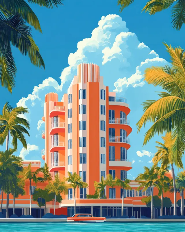 Art Deco hotel facade in Miami framed by palm trees under a bright retro blue sky.