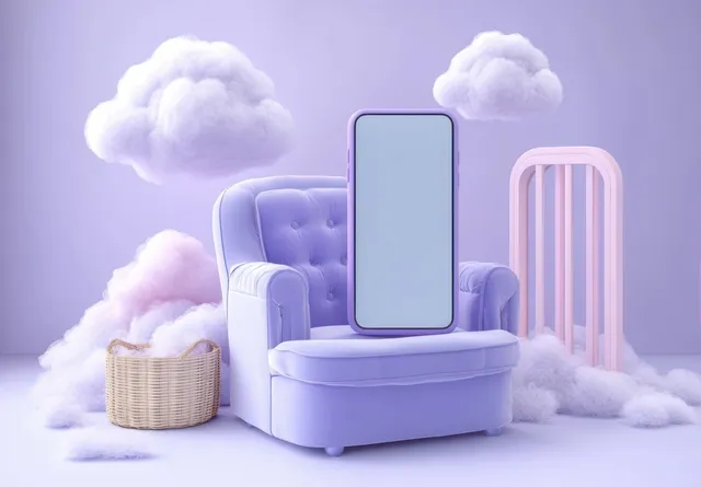 A lavender armchair holds a large vertical smartphone on a cloud-like seat beside a wicker basket.
