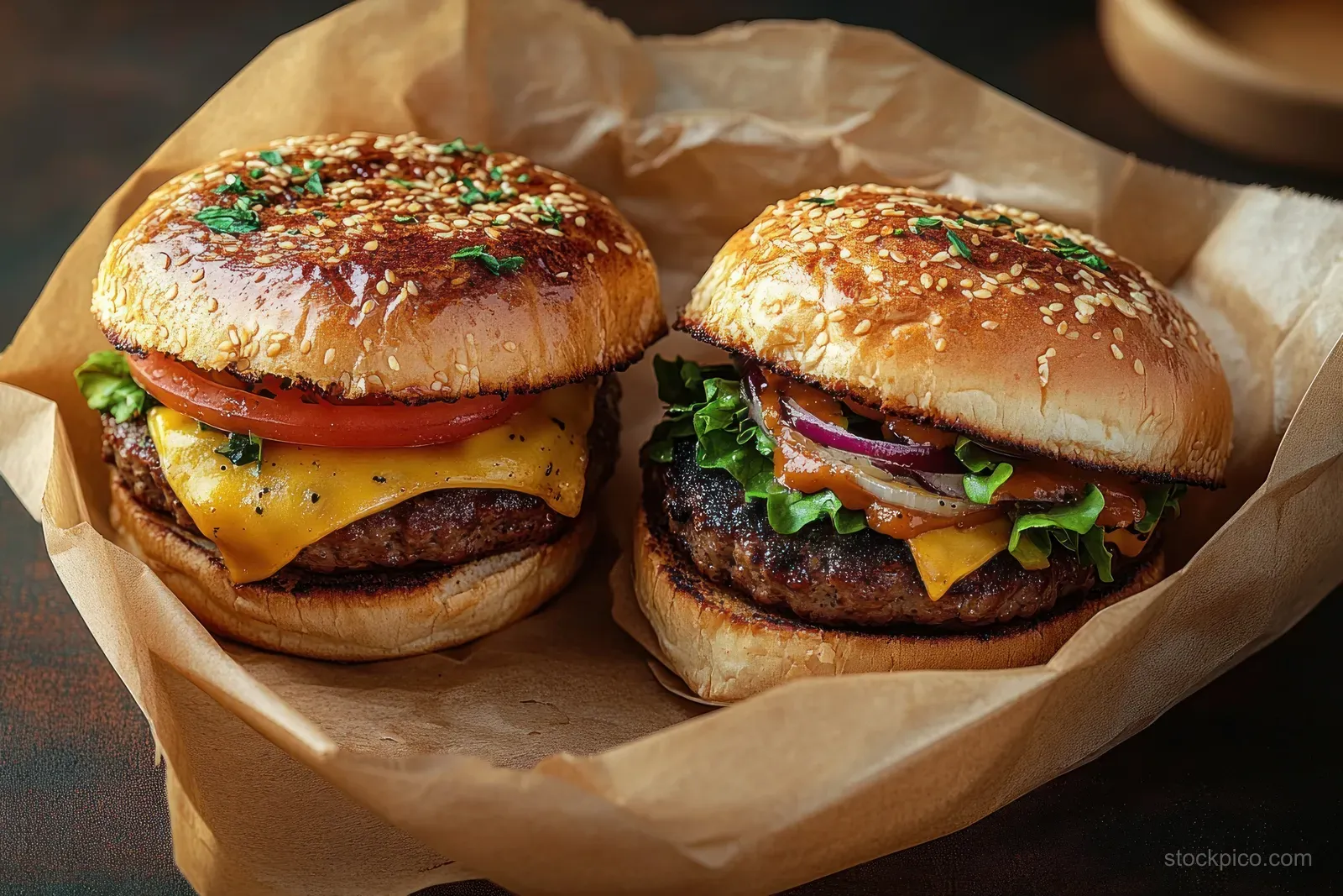 Two cheeseburgers with sesame seed buns sit on brown parchment paper.
