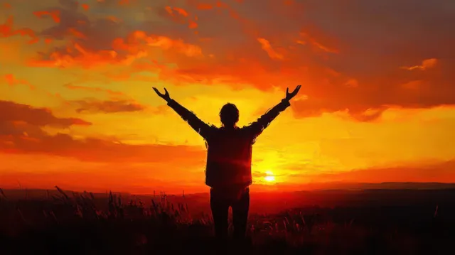 Silhouette person with arms raised stands on grass facing a vivid orange and red sunset.