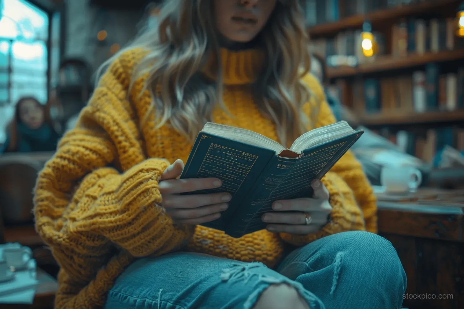 A woman in a yellow sweater holds an open Bible while sitting indoors near windows with warm daylight.
