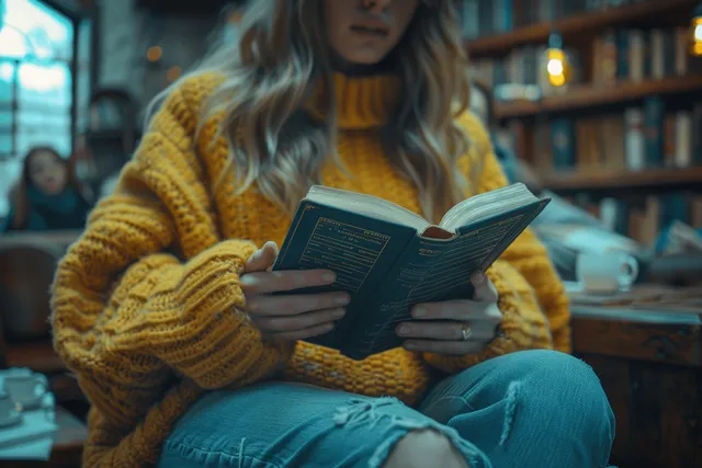 A woman in a yellow sweater holds an open Bible while sitting indoors near windows with warm daylight.