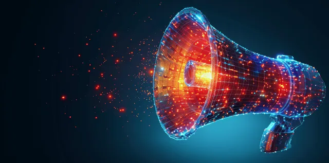 Particle megaphone made of blue and red light emits glowing digital signal bursts in a dark cyber scene.