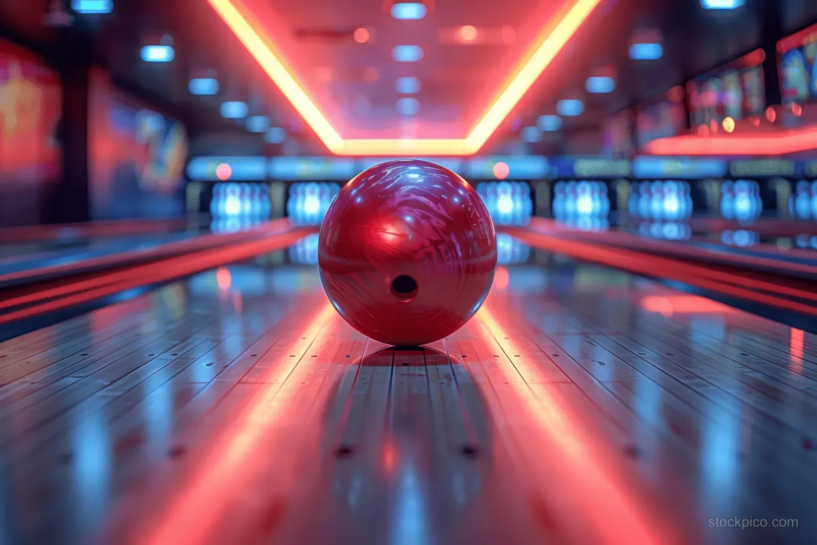 A purple bowling ball rolls toward glowing pins down a neon-lit bowling lane with blurred lights behind.