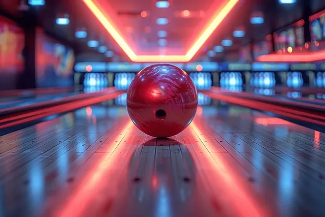 A purple bowling ball rolls toward glowing pins down a neon-lit bowling lane with blurred lights behind.