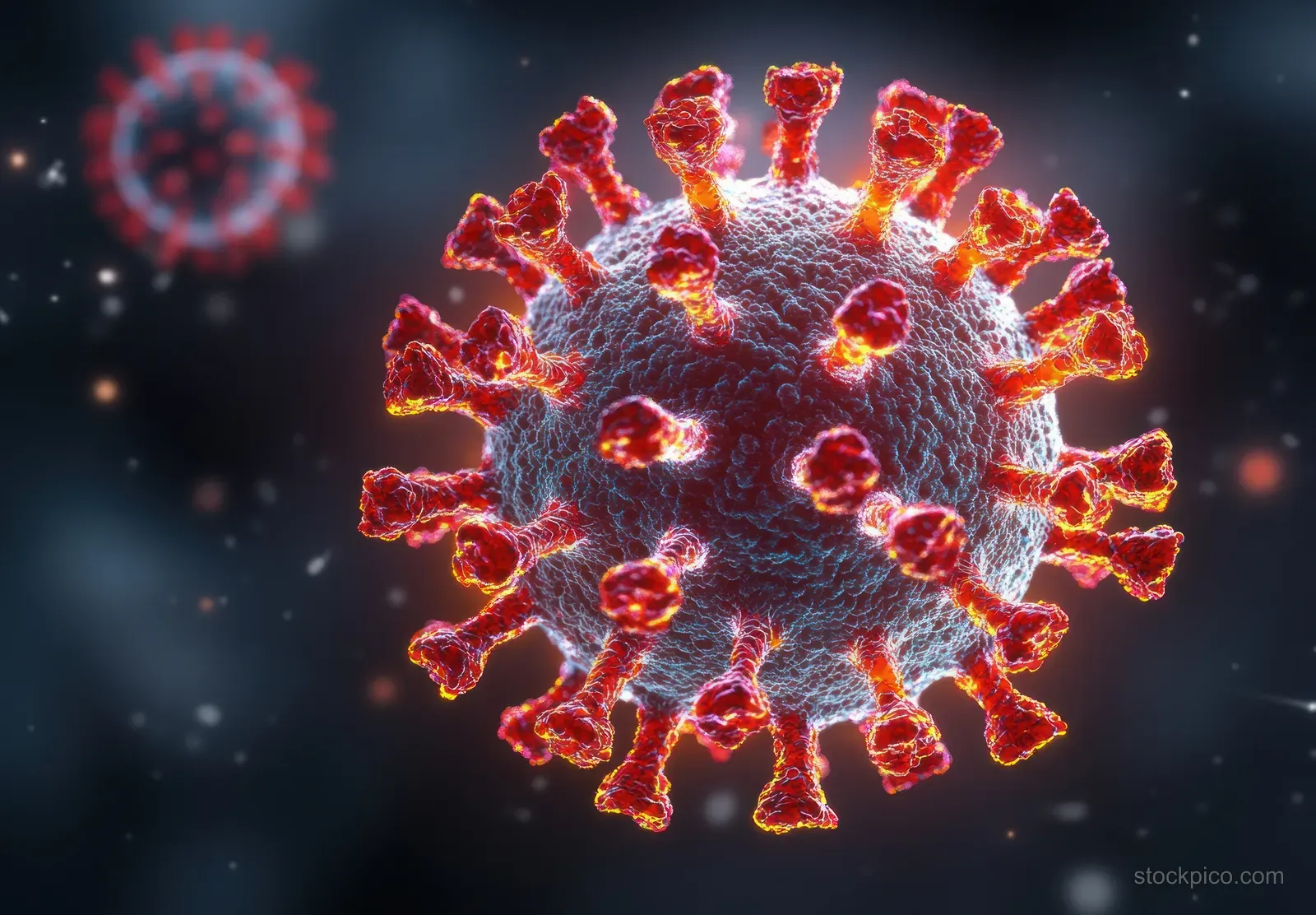 Glowing coronavirus cell cluster with red spike proteins floating in a dark, blurred laboratory background.