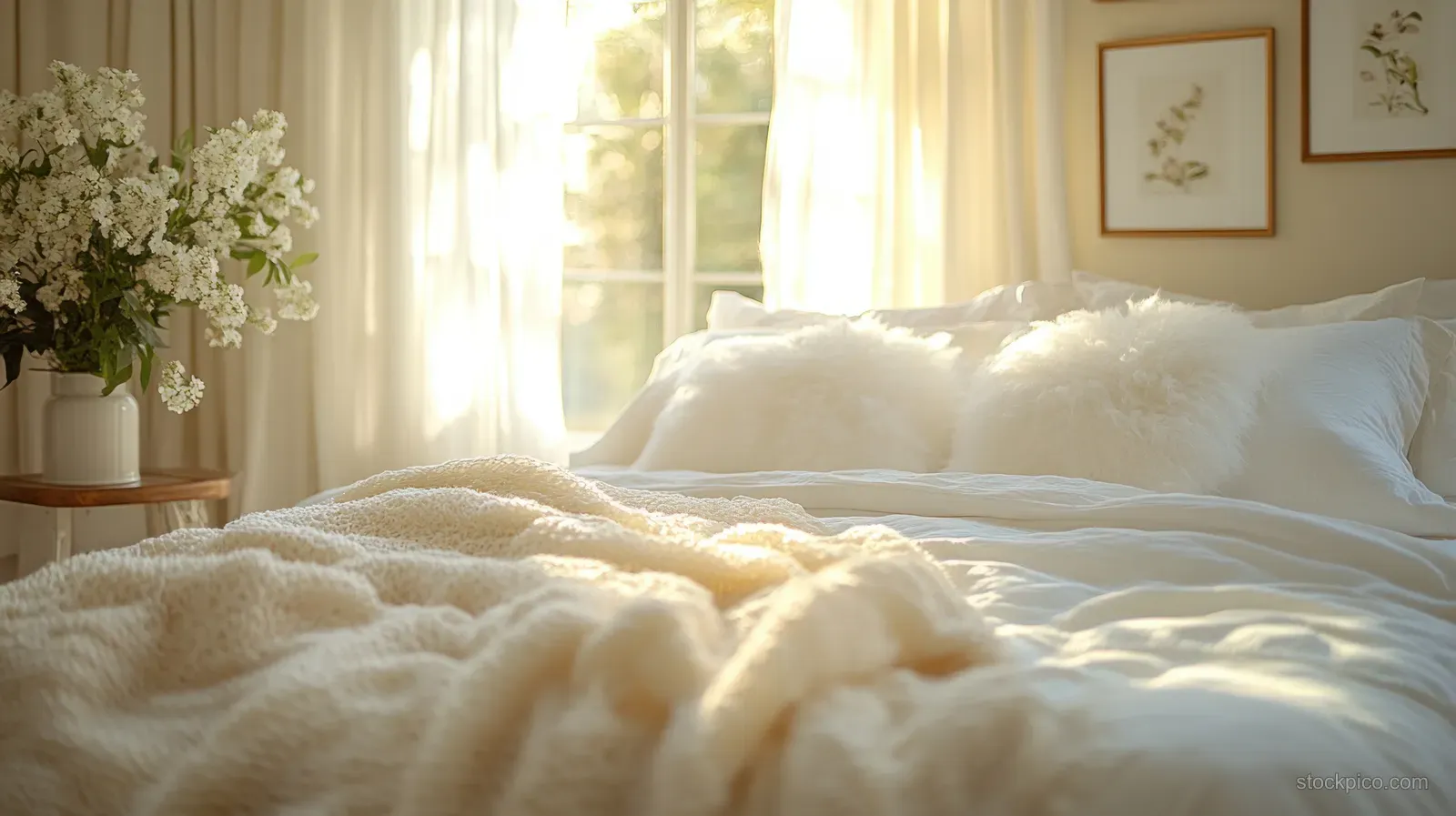 Crumpled cotton blanket and fluffy white pillows on a bed lit by warm morning sunlight through sheer curtains.