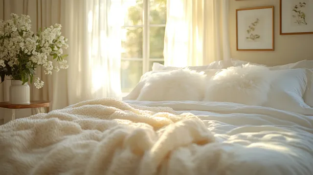 Unmade bedroom bed with crumpled cotton blanket and fluffy white pillows in morning sunlight