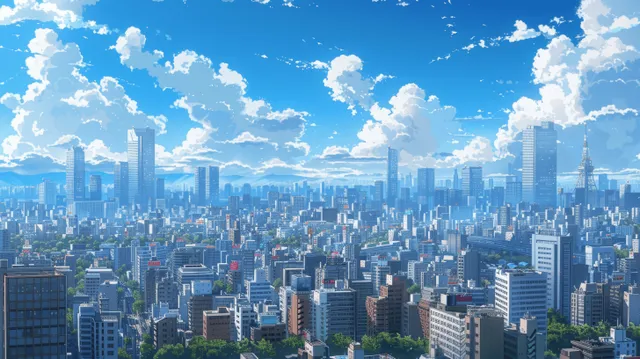 Anime Tokyo skyline with skyscrapers under a bright blue sky and scattered clouds.