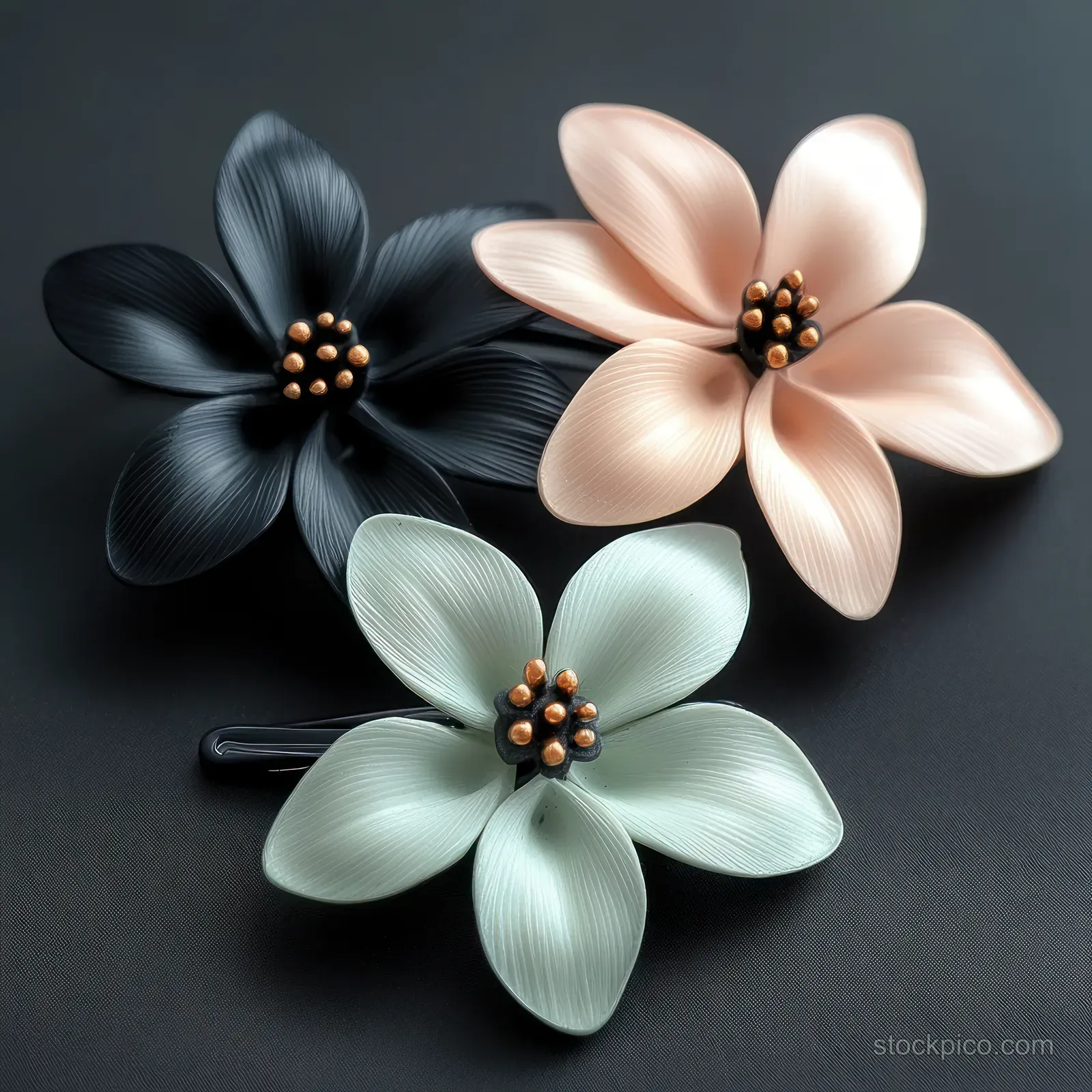 Three artificial flower hair clips in black, peach, and pastel green with gold-tipped stamens on a dark background.