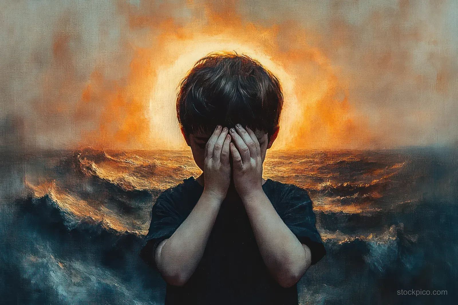 Sad boy covers his face with his hands while rough ocean waves crash behind him at sunset.