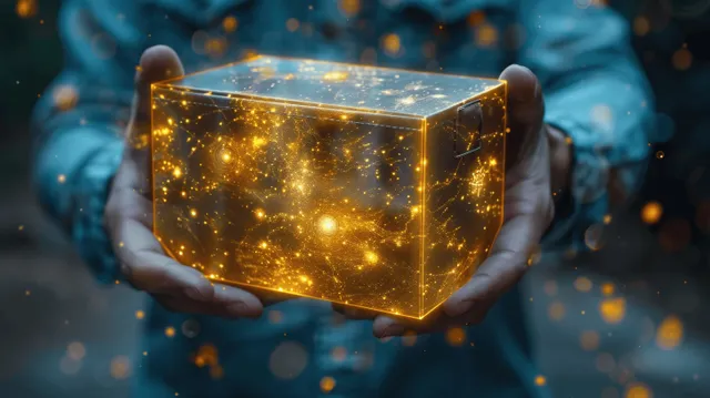 Hands hold a glowing golden cube that looks like an archived document amid floating data particles.