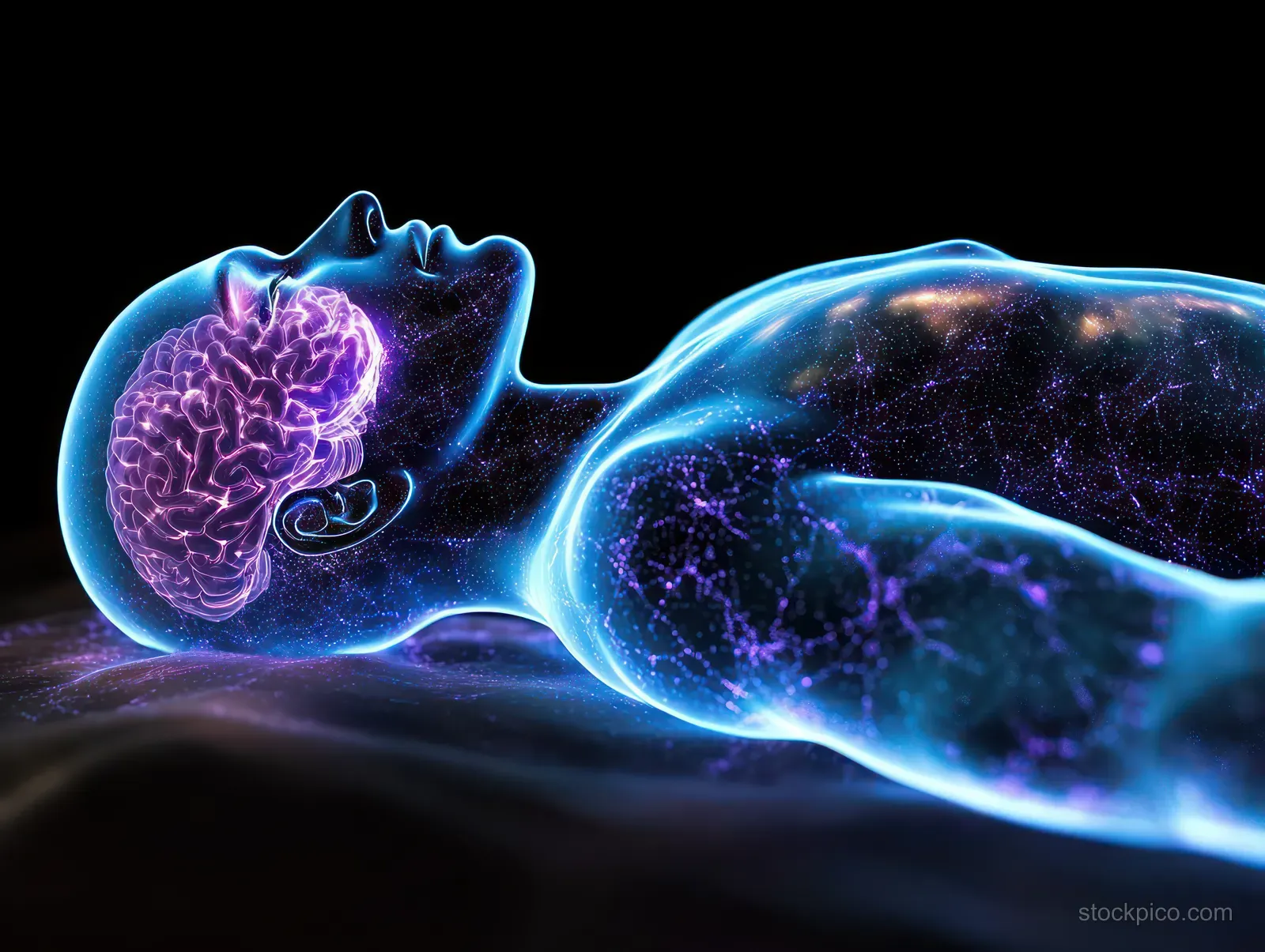 Translucent reclining human figure with a glowing luminous brain and neural light patterns on a dark background.