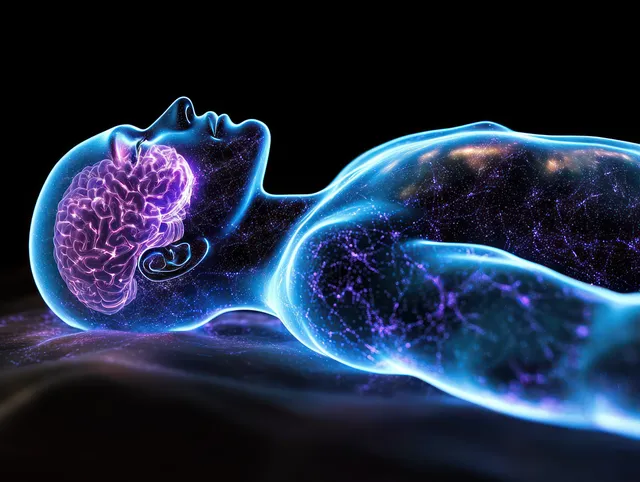 Translucent brain glow inside reclining human figure on dark dreamlike background