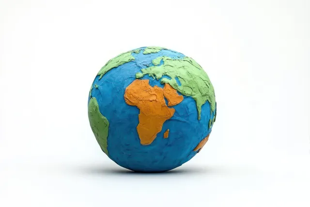 Handcrafted globe model with colorful continents and blue oceans on white background with World Map Concepts