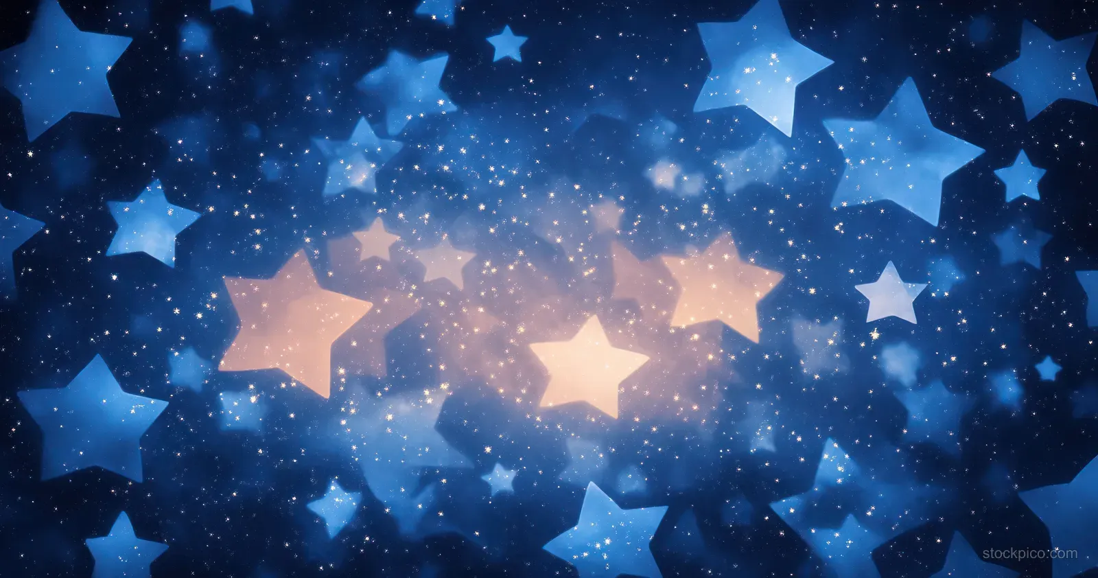 Watercolor night sky background with layered blue glow, translucent white stars, and soft sparkling bokeh.
