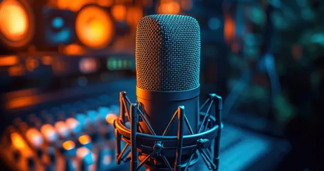 Close-up condenser microphone mounted in a studio with blurred mixing console and colorful lighting behind it.