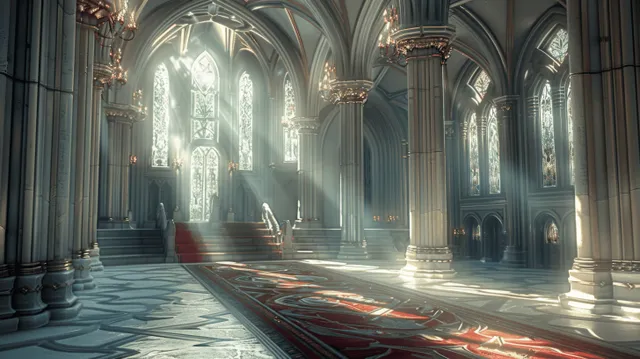 Gothic Castle Hall Interior with Arched Vaults, Columns, and Marble Floor