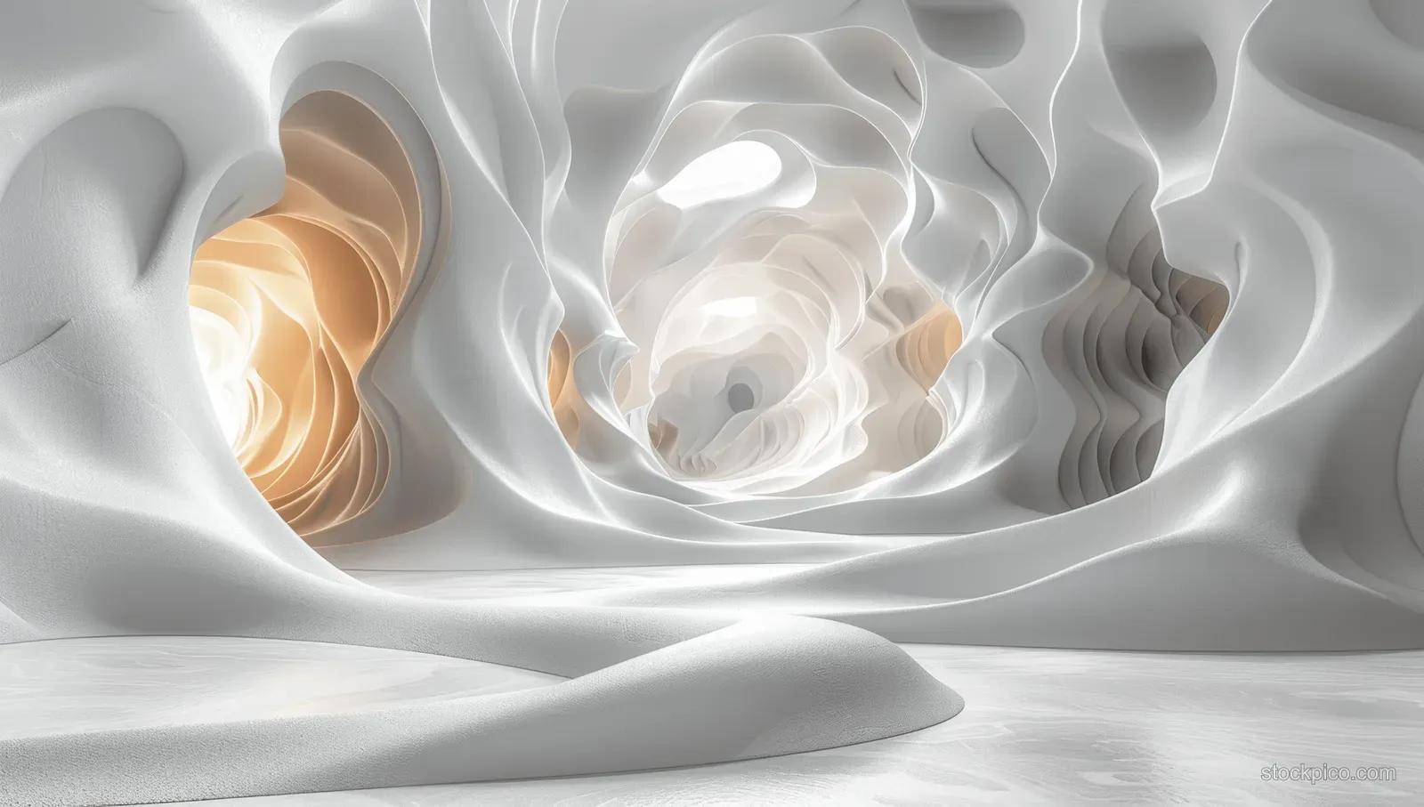 Abstract white 3D waves and curved surfaces with soft light accents.