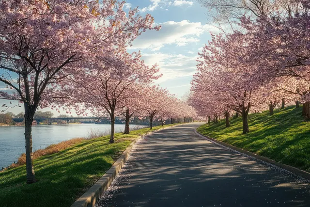 Cherry blossom-lined riverside pathway with sunlit grass and soft cloud shadows