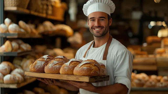 Smiling baker in a white apron holding a wooden tray of rustic loaves in a warmly lit bakery filled with bread.