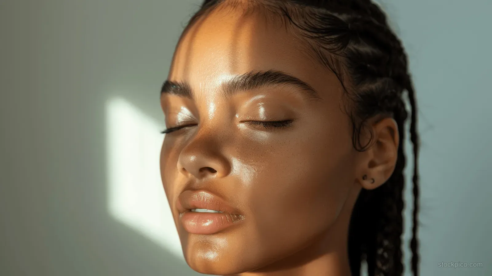 African American woman with long braids touches her face with eyes closed in a soft studio portrait.