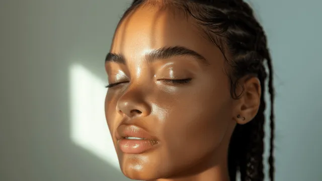 African American woman with long braids touches her face with eyes closed in a soft studio portrait.