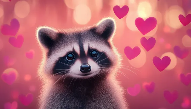 Close-up raccoon face with big shiny eyes surrounded by floating pink hearts on a glowing pink background.
