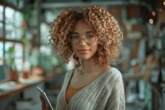 Curly-haired businesswoman using a tablet in a bright office, focused and poised