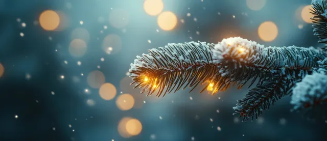 Snowy pine branch with icicle tips and glowing bokeh lights in winter holiday dusk with Shallow Depth Of Field