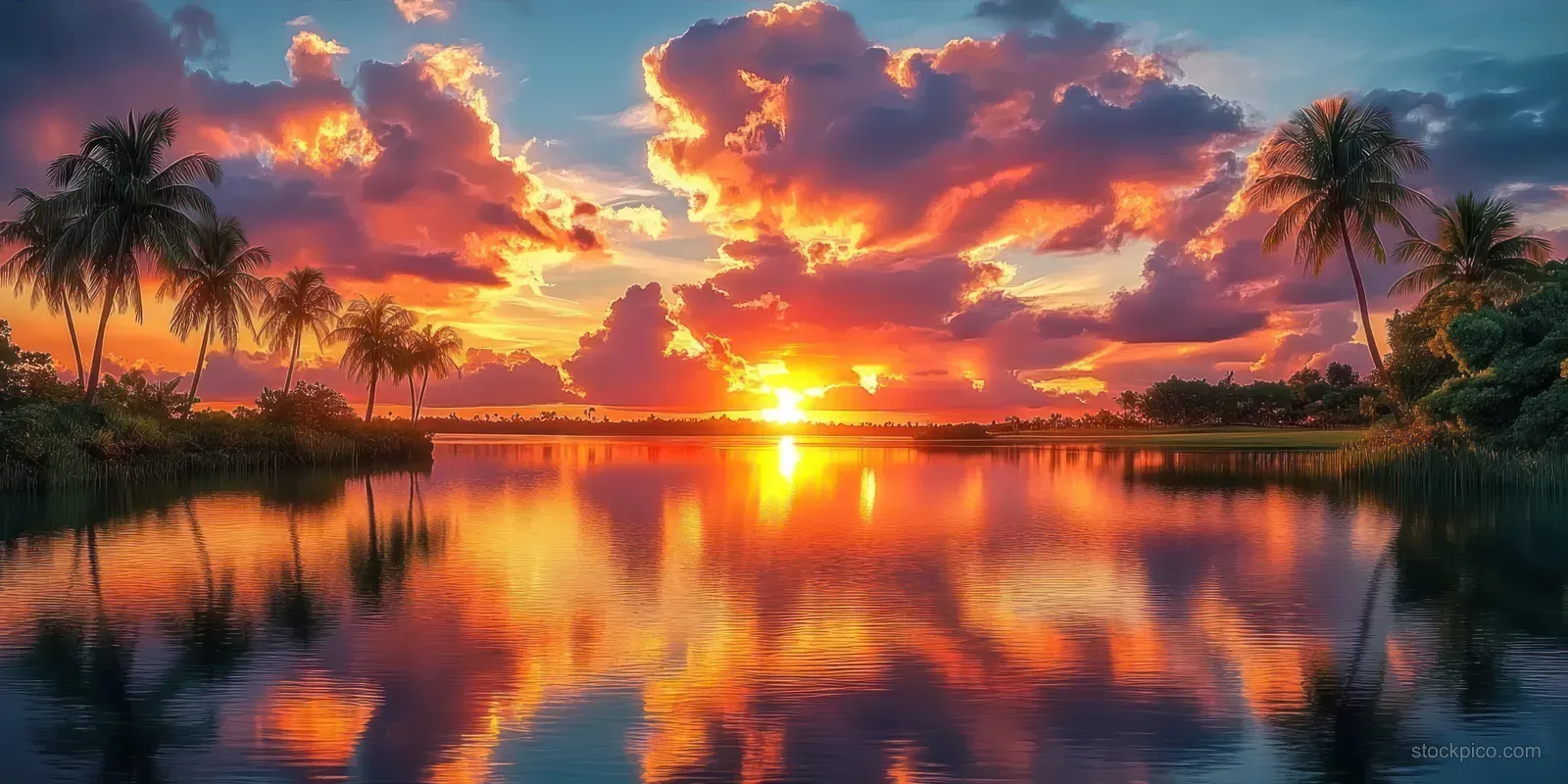 Silhouetted palm trees frame a vibrant tropical sunset as clouds and sunlight reflect across a calm lake.